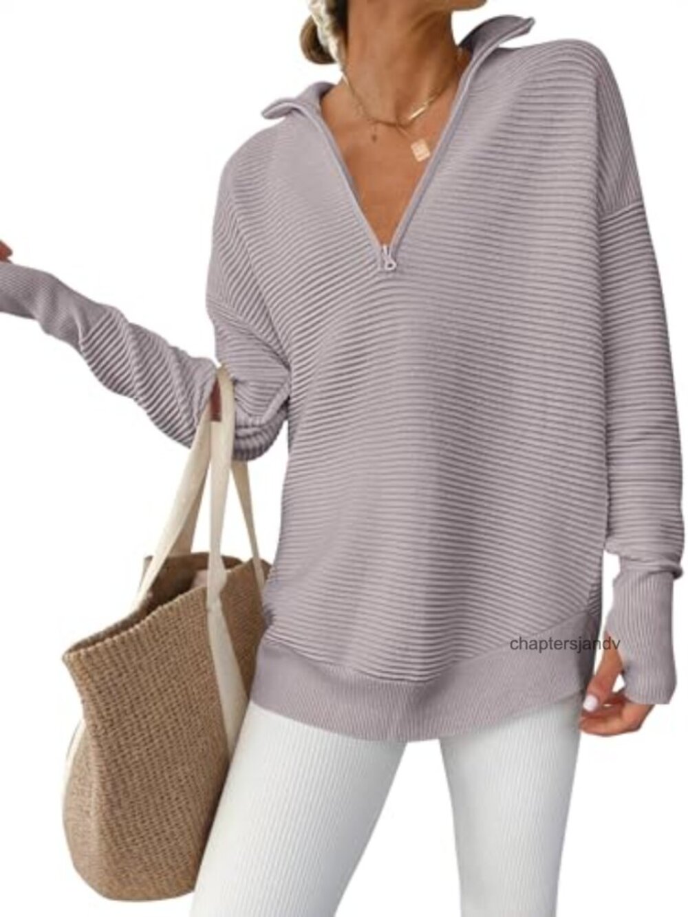 Women Long Sleeve V Neck Quarter Zip Sweater Pullover Loose Fit Thumbholes